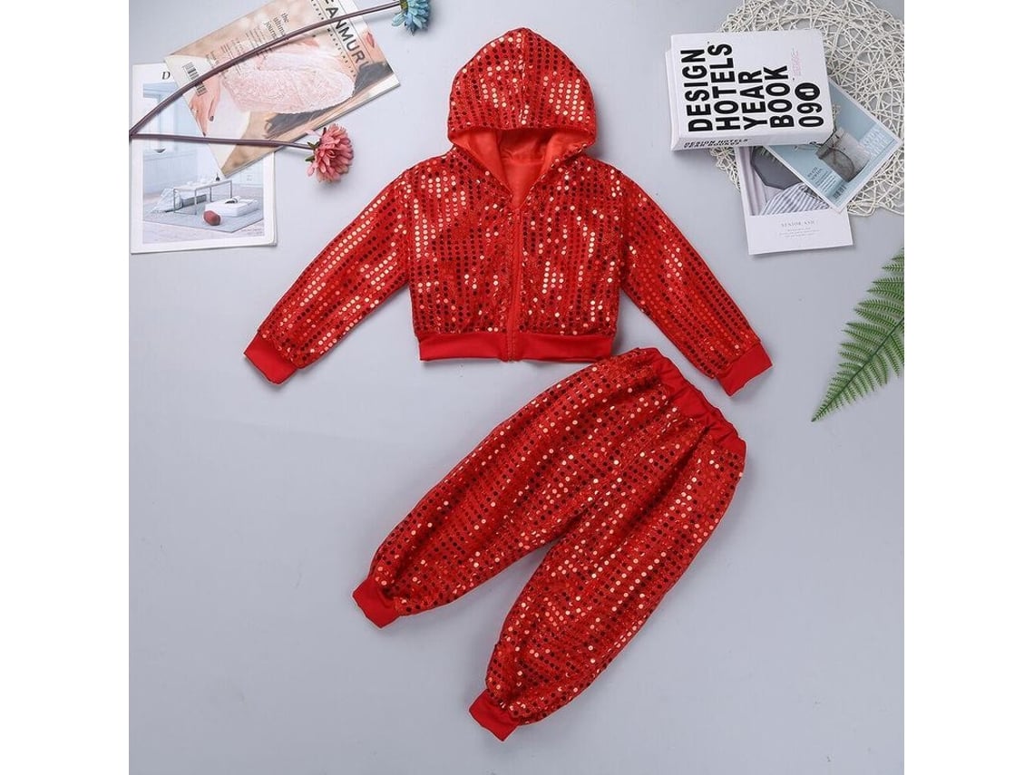 Conjunto de baile 2026 para niños y niñas con lentejuelas brillantes, jazz, hip hop y estilo urbano: conjunto de camisa y pantalón para niños de 3 a 4 años, color rojo.