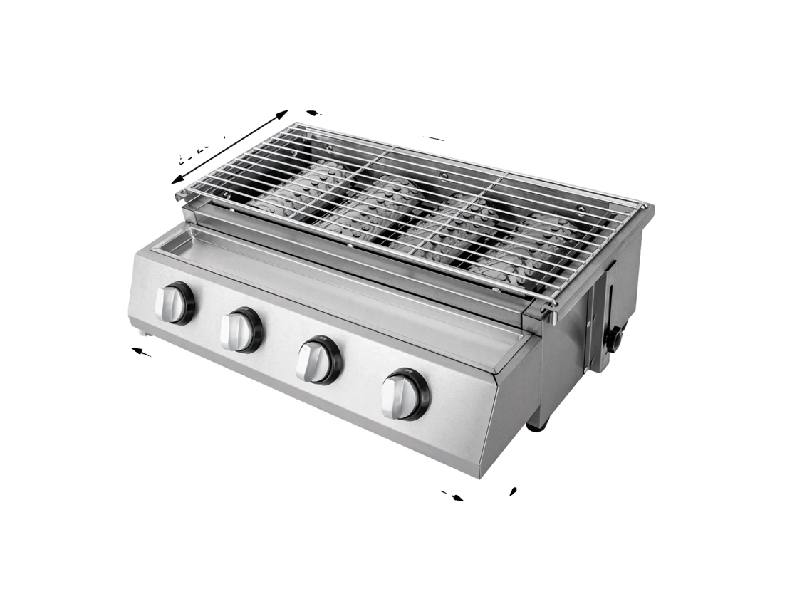 Parrilla de gas, 4 quemadores, construcción en acero inoxidable, gris claro (OEM)