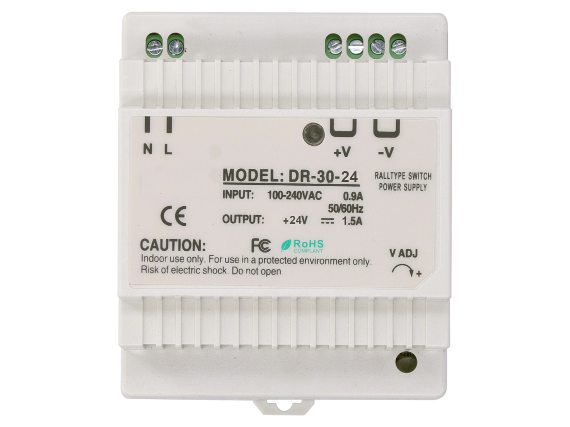 Fonte de alimentação ajustável para trilho DIN Veloriskku DR-30-24 para painéis de controle elétrico com comutação de LED.