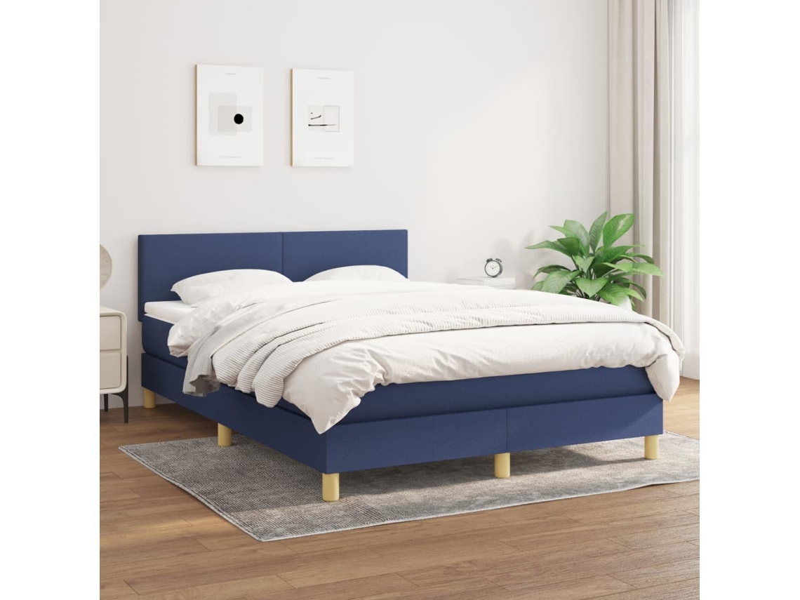 Cama Box Spring Con Colchón Tela Azul 140x200 Cm