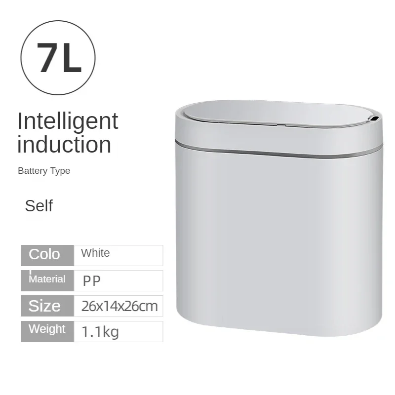 Cubo de basura automático inteligente con sensor (blanco, 7 litros, funciona con pilas), resistente al agua, apto para cocinas y baños.