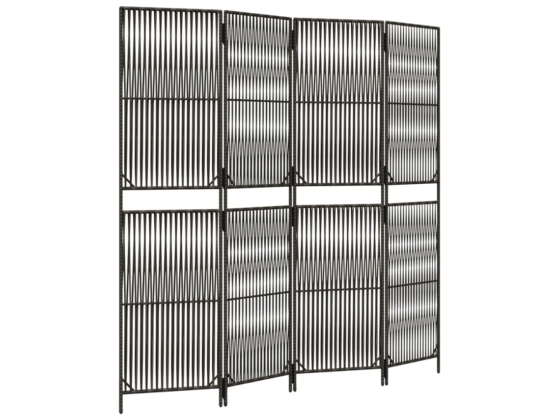 Biombo separador de ambientes, 4 paneles en resina tejida gris y acero Dec030869