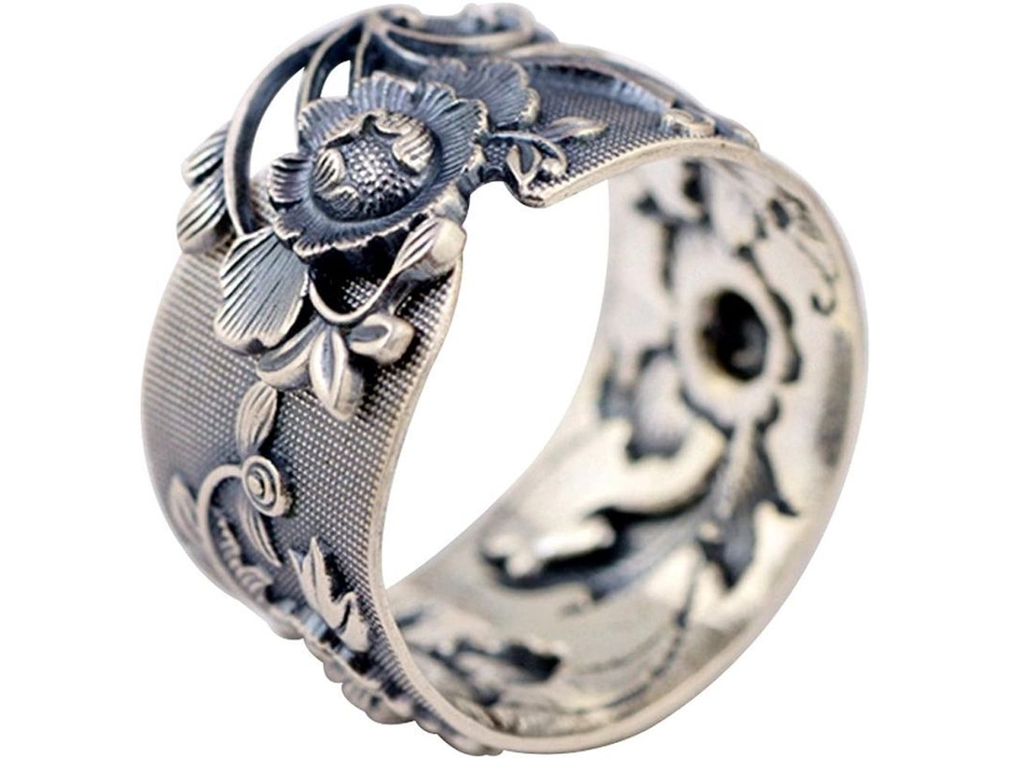 Anillo De Plata 999 Con Flor De Peonía Antiguo Negro Ajustable 15mm Para Mujer Niña