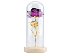 Rosa preservada con luz LED, cubierta de cristal y base de madera morada.