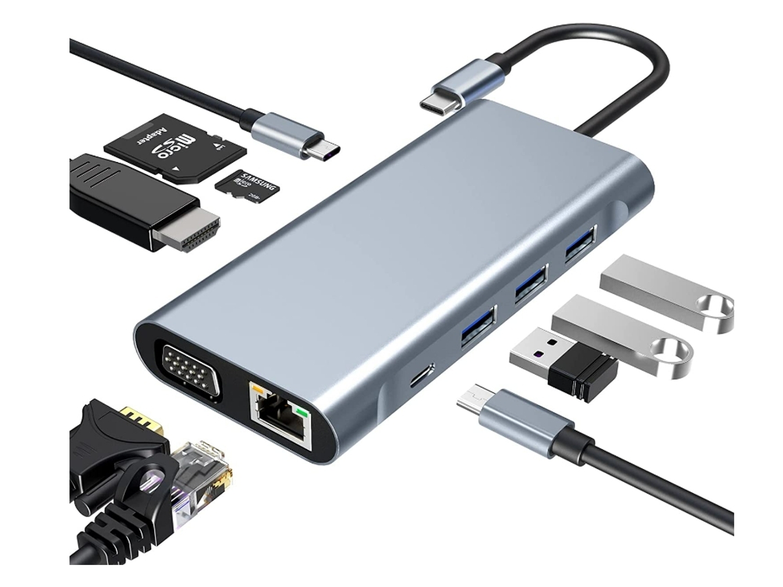 Concentrador USB-C Gusshious 2110c Dock 10 en 1 con HDMI 4K, VGA, USB 3.0, 100 W, PD, Ethernet, RJ45, lector de tarjetas SD/TF, color negro