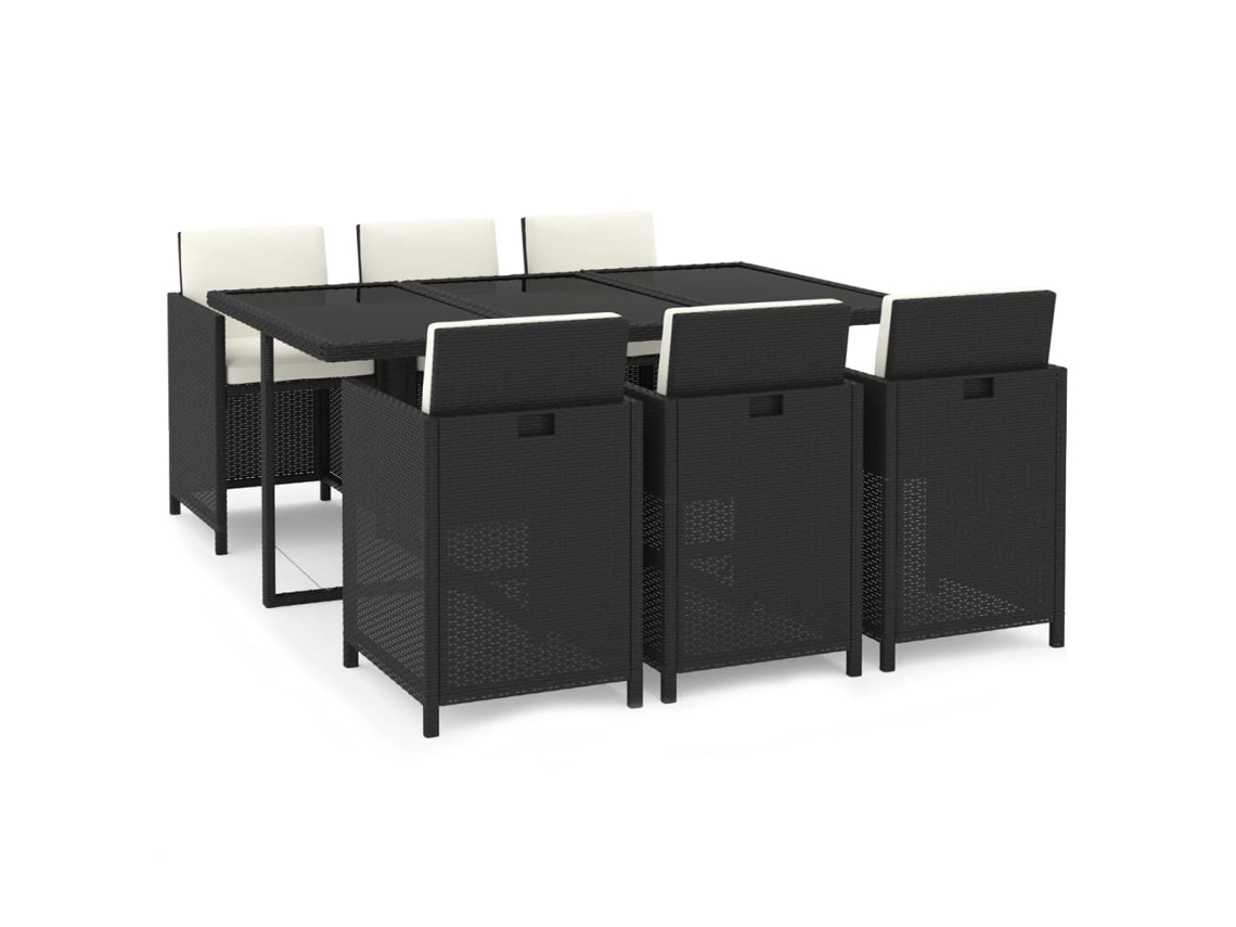 Juego de 7 piezas de comedor de jardín con cojines de mimbre, color negro, EXCLUSIVA DE LA CASA