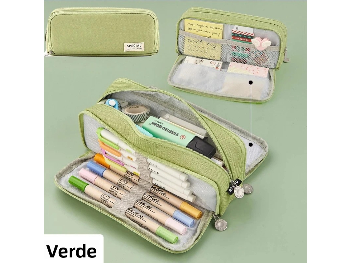 Estuche Grande Y Bonito (verde), Accesorio Coreano Para La Vuelta Al Cole, Material De Tela.