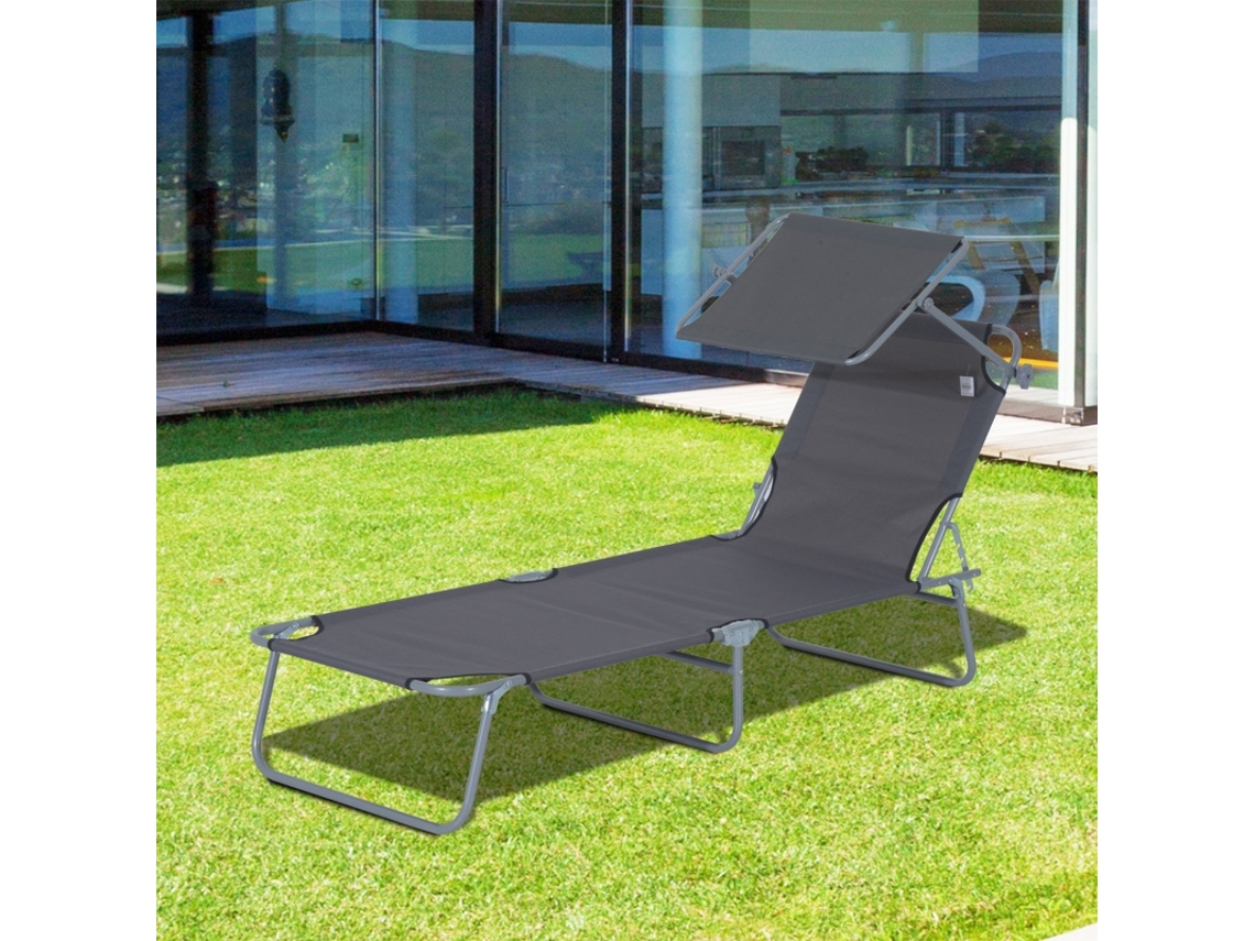 Tumbona plegable con protección solar, respaldo ajustable en 4 posiciones, soporta hasta 120 kg, para jardín, balcón o piscina, color gris.