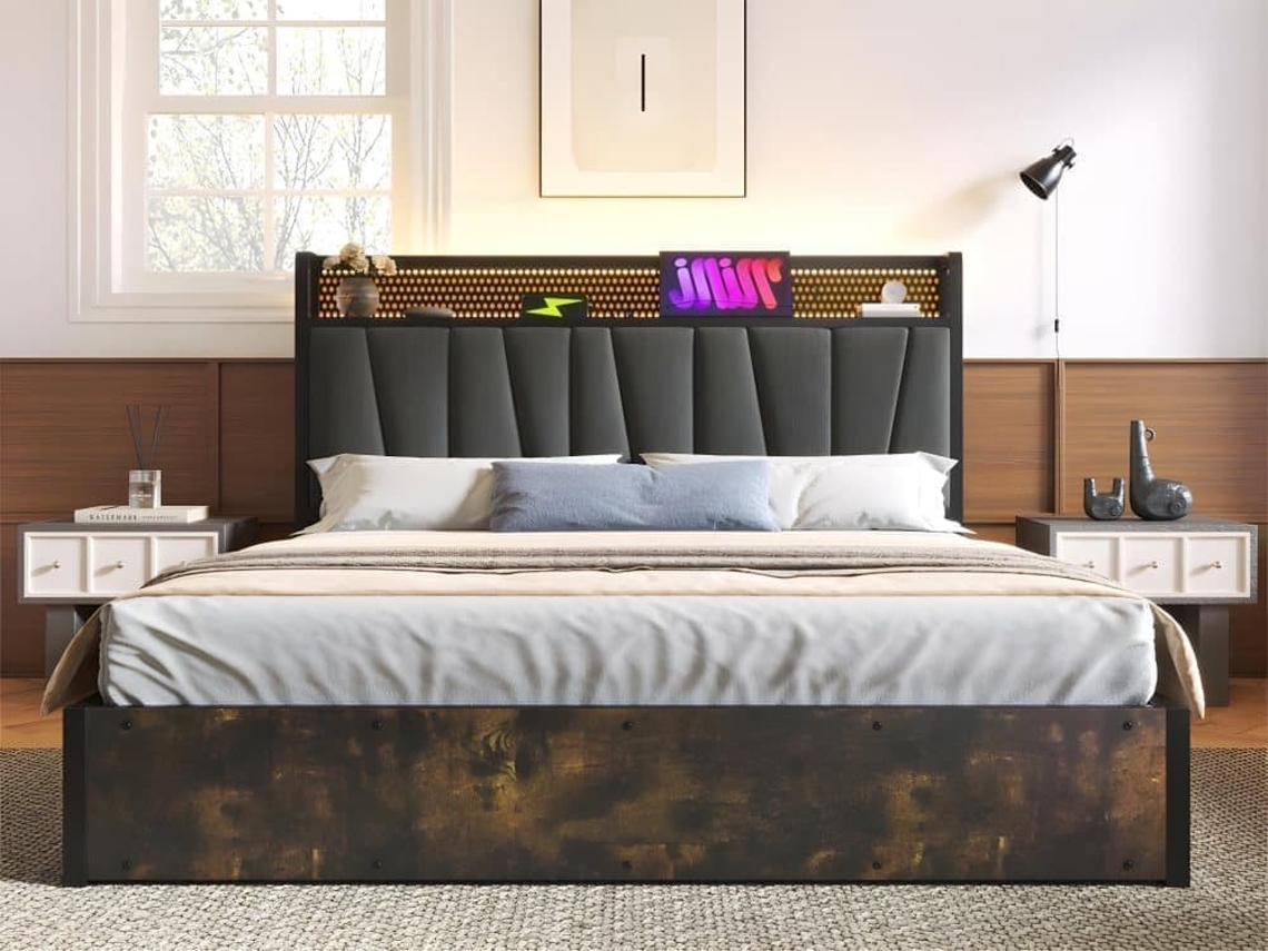 Cama Almacenaje Tela Lino 140x200 Cm - Led, Puertos Carga, Somier - Gris