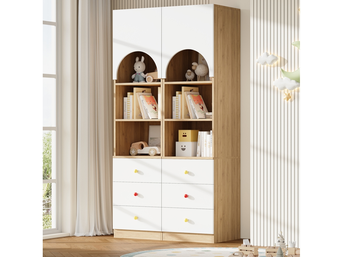 Estantería de 100×50×200 cm: 3 cajones, 3 estantes, tiradores de cerámica, acabado blanco con efecto madera - blanco
