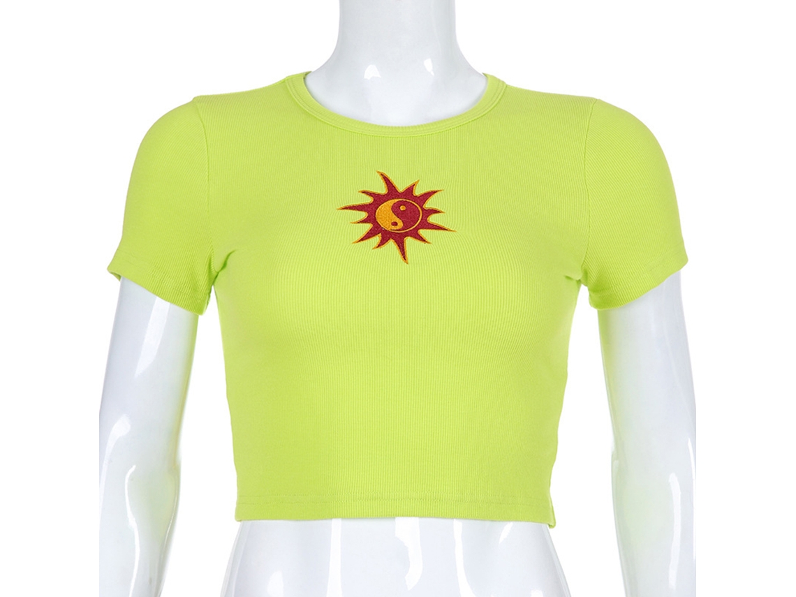 Blusa De Manga Corta Para Mujer, Verde Fluorescente, De Algodón Y Poliuretano, Para Uso Diario.