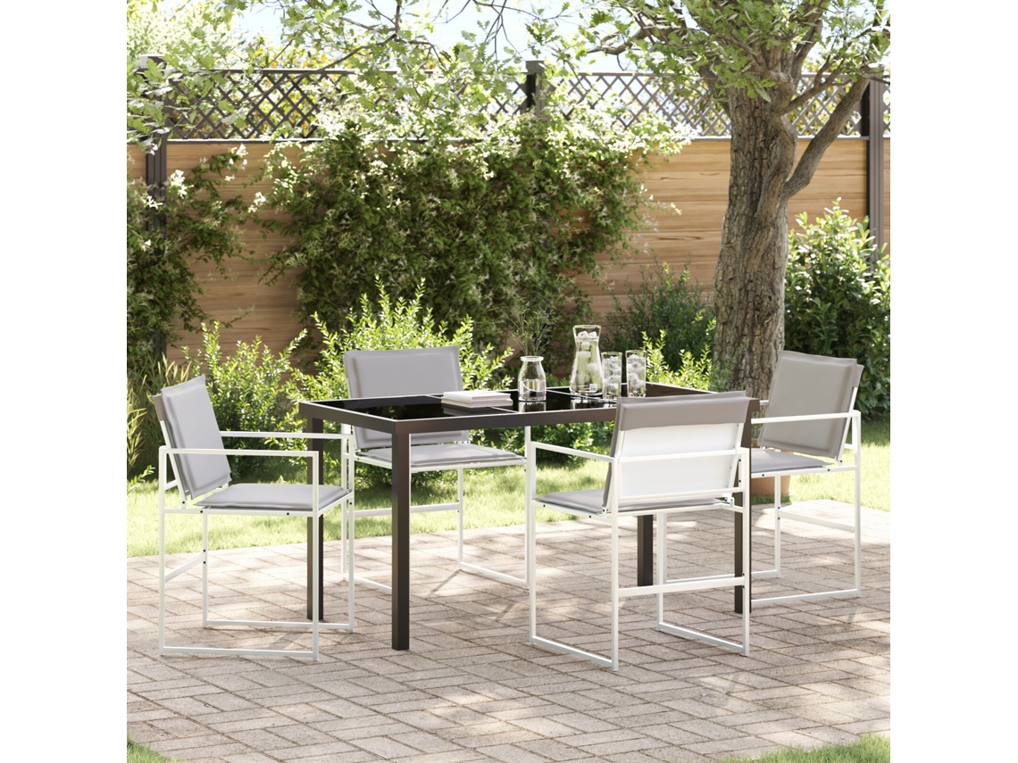 Juego de comedor de jardín Lovely Home de 5 piezas con textileno blanco y cojines de acero
