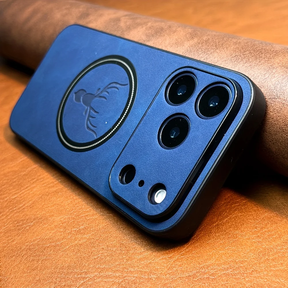 (iphone 15 Pro Max Azul) Funda De Piel Sintética Con Estampado De Ciervo, Compatible Con Carga Inalámbrica Magsafe