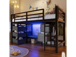 Cama Alta 90x200 Cm - Con Cojín, Almacenamiento, Led Multicolor, Ganchos - Negro