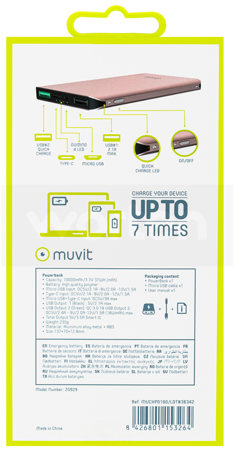 Powerbank MUVIT TP-C PD (10000 mAh - 2 Puertas USB - Micro USB - Rosa)