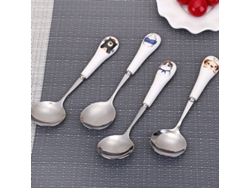 2026-45897-cucharas De Acero Inoxidable Linjou - Mango Cerámica Blanco Con Estampado Animal - Pack De 4