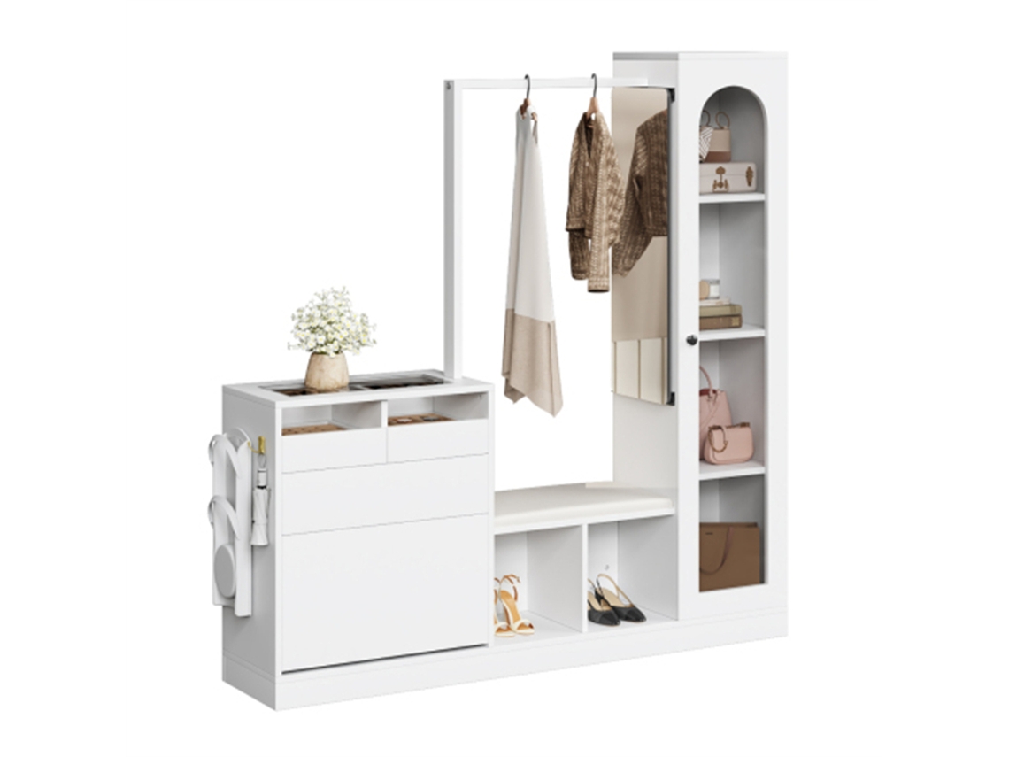 Un Mueble De Entrada Seis En Uno, Una Vitrina De Cristal Y Luces Led Que Cambian De Color.
