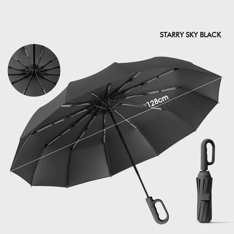 Paraguas Extragrande De 12 Varillas Con Hebilla (negro 12k), Totalmente Automático, Portátil, Resistente Al Viento Y Plegable De Doble Uso.