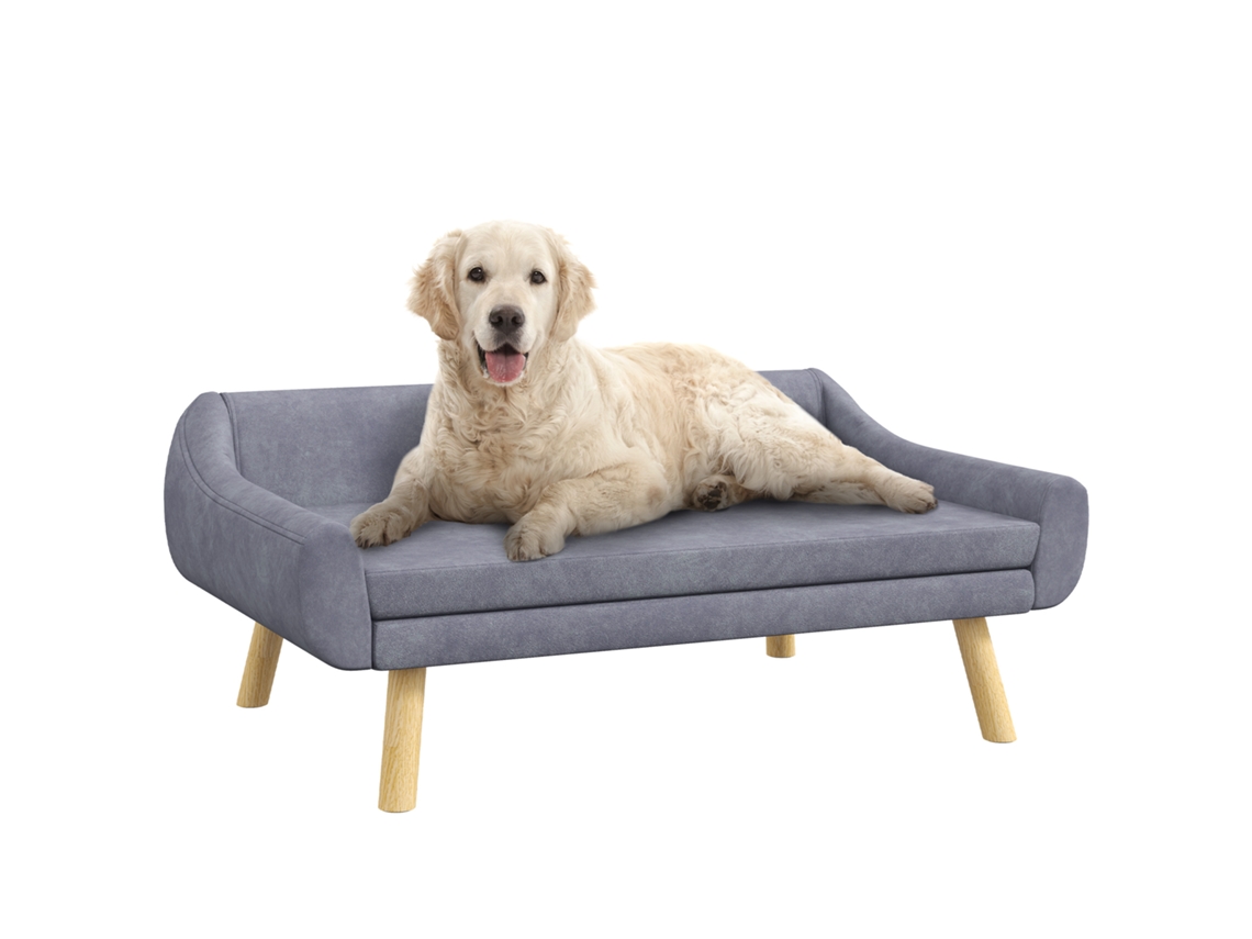 Sofá para perros de diseño escandinavo con cojín extraíble, patas de tela con aspecto de terciopelo y madera maciza de Dagou.
