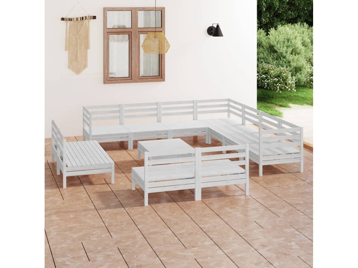 Conjunto de salón de jardín de 12 piezas de pino macizo blanco Dkd Home Decor