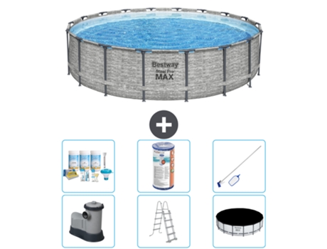 Piscina BESTWAY Round Steel Pro MAX - Estampado Piedra - 549 x 122 - Incluye Bomba - Escalera - Cobertor Accesorios CB32