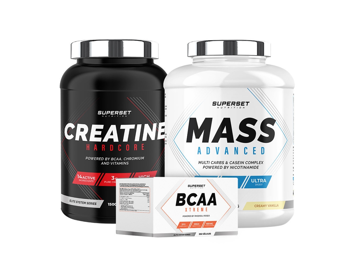 Programa avanzado de aumento de peso Mass Advanced 2,5 kg Crema de vainilla Hardcore Creatine 1,5 kg Tropical Bcaa Xtreme Superset Nutrition
