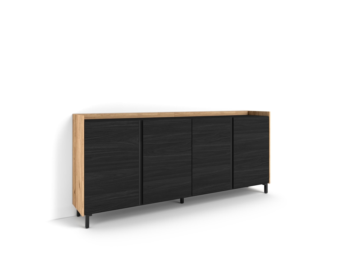Aparador Para Salón, 207x35x91cm, 4 Puertas, Diseño Industrial, Negro Y Roble