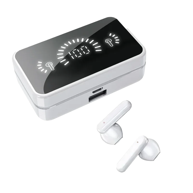 Auriculares inalámbricos Bluetooth (blancos) con cancelación de ruido, indicador LED y micrófono.
