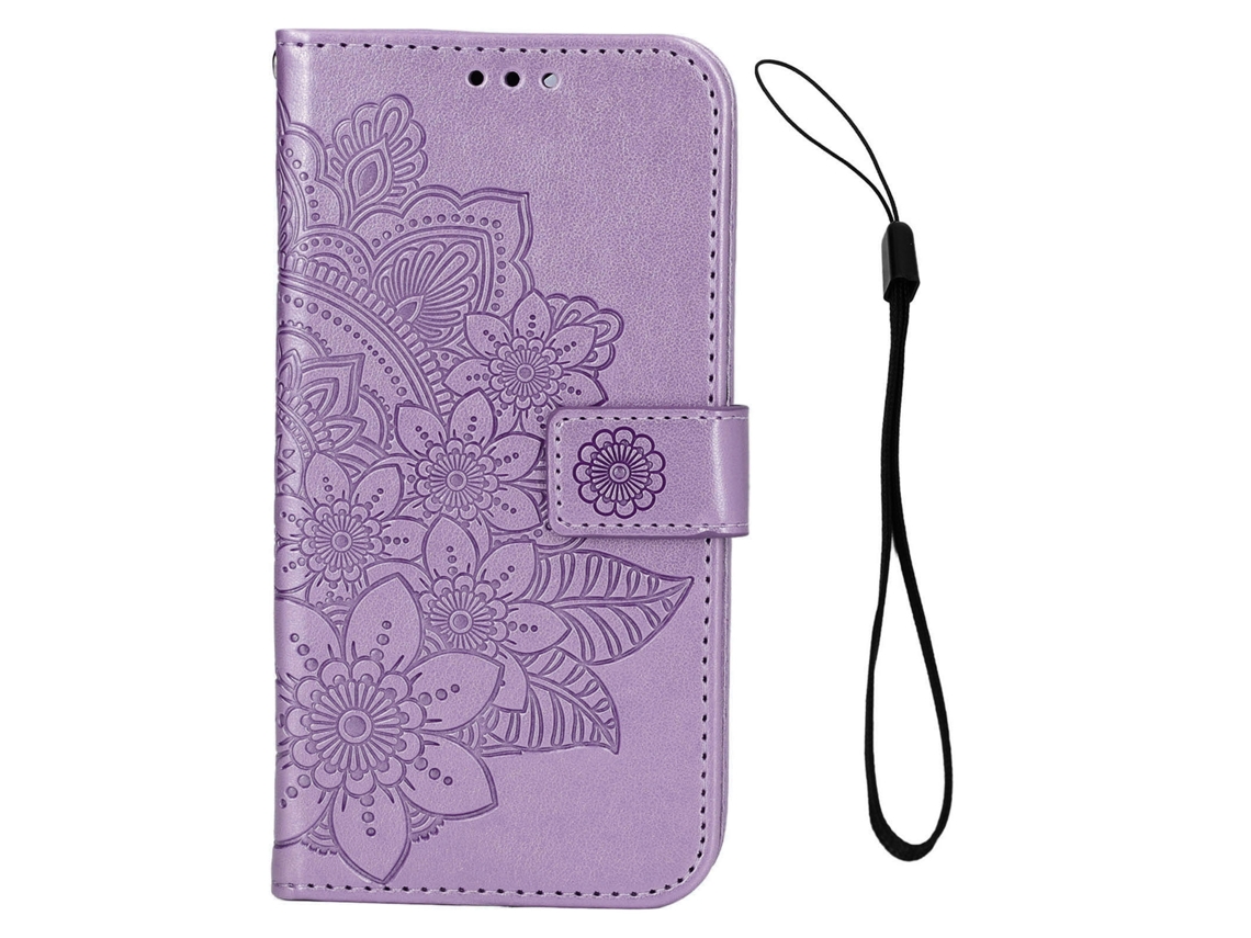 Capa Carteira Flip Com Slot Para Cartões E Suporte Couro Pu Floral Proteção Para Iphone 13 Roxo
