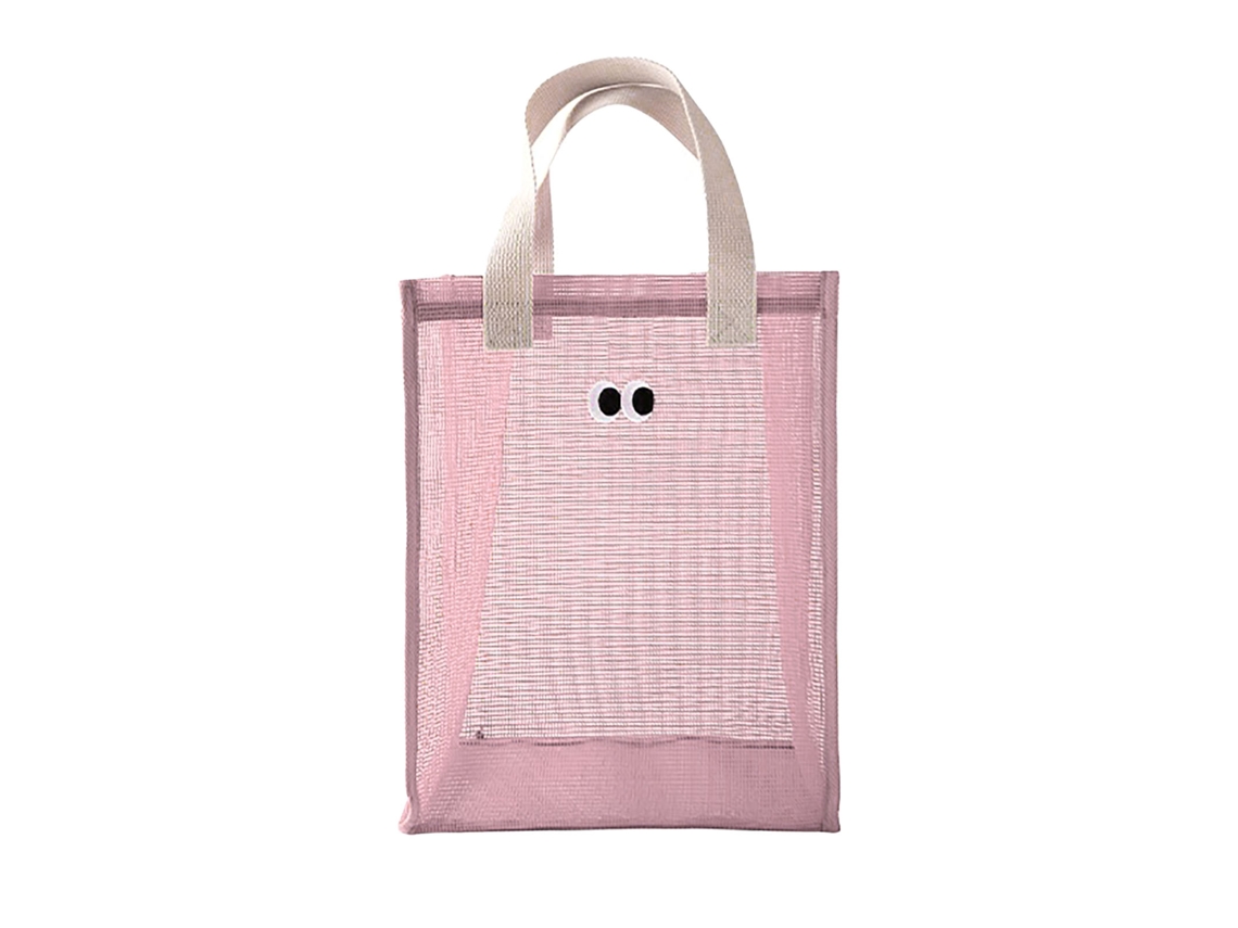 Cesta de baño portátil de malla rosa, ideal para viajar.