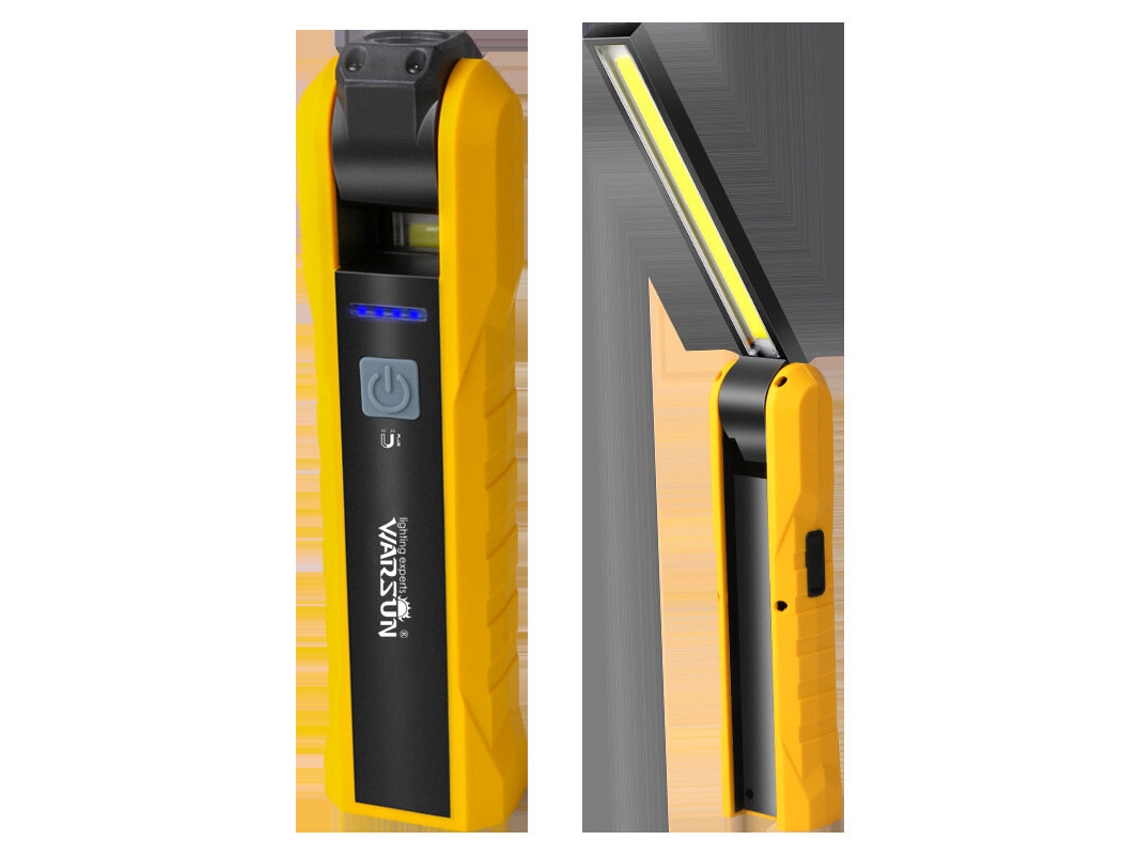 Linterna de trabajo portátil multifuncional COB, linterna LED magnética con imán, gancho giratorio y luz de linterna.