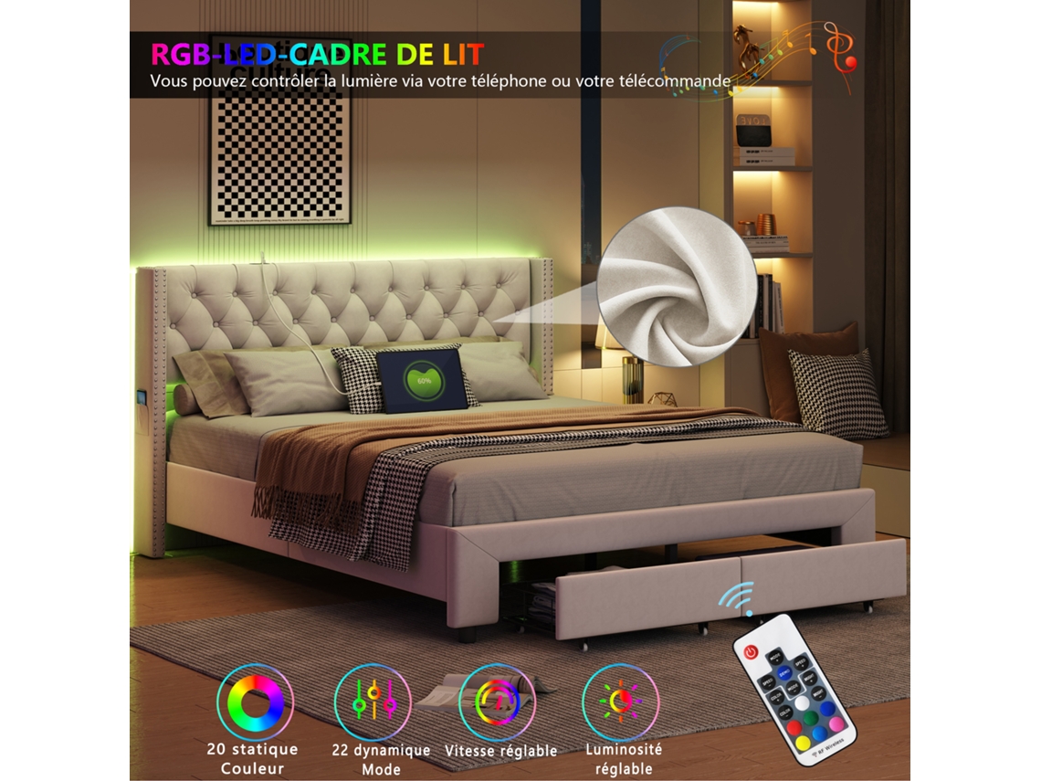 Rosahqnda Cama Doble, 180 X 200 Cm, Tapizada Con Led Y Usb, 2 Cajones, Canapé, Somier De Láminas, Terciopelo.