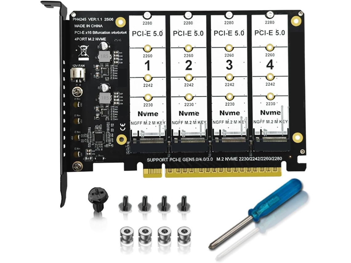 Adaptador Pcie X16 Para 4 Unidades Nvme Con Indicadores Led De Actividad Y Sin Pérdida De Velocidad.