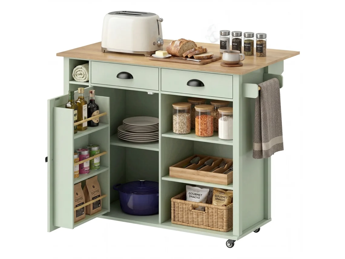 Isla de cocina Vista, con encimera plegable, carrito con ruedas, 2 cajones, toallero, color verde.