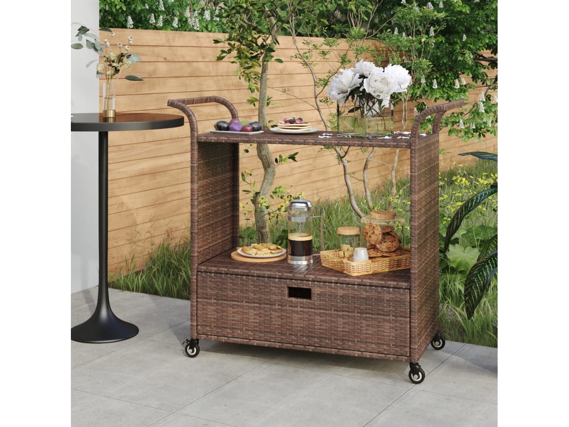 Carrito De Bar Con Cajón Ratán Sintético Marrón 100x45x97 Cm