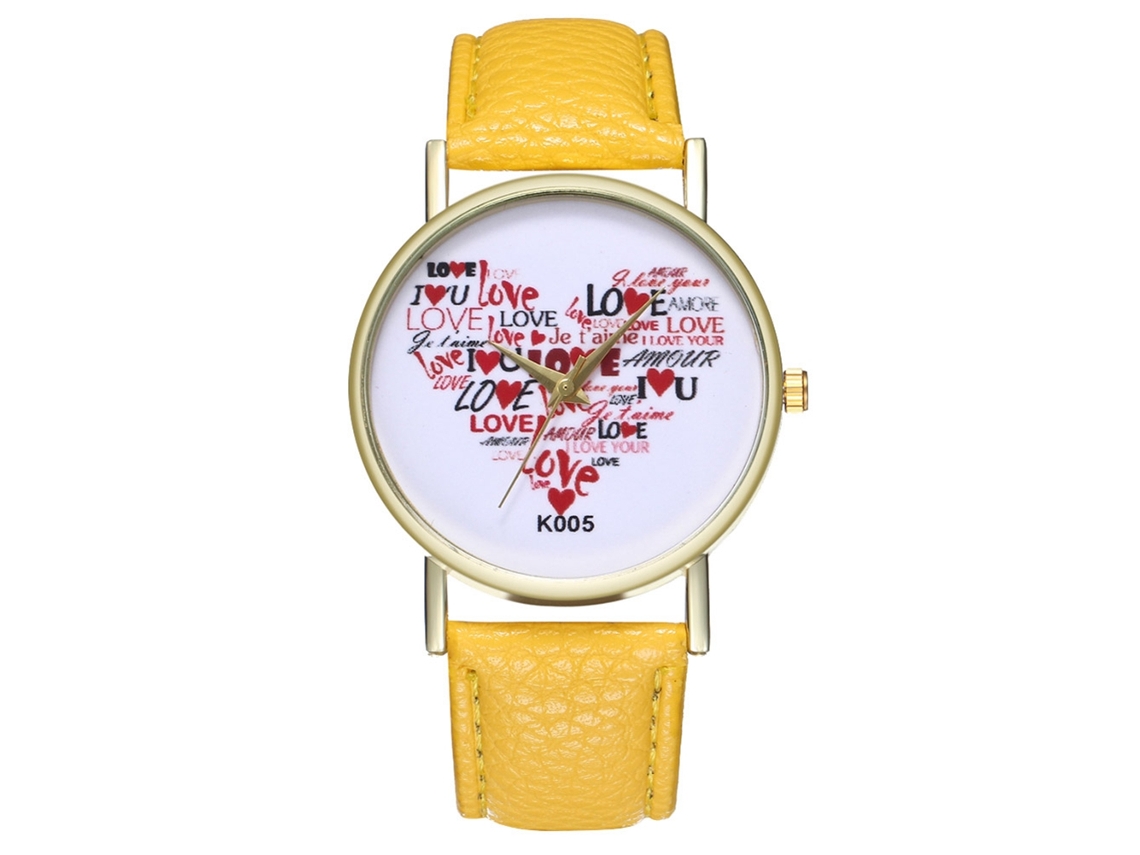 Reloj De Cuero Pu Con Imagen De Corazón Pareja Dial Redondo De Acero Inoxidable (amarillo)
