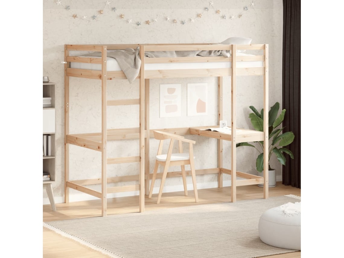 Cama Alta Con Escritorio Madera Maciza De Pino 90x200 Cm