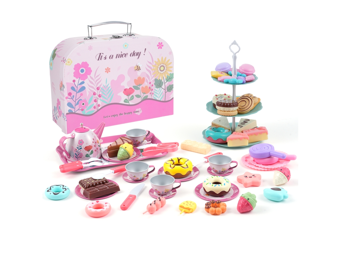 Juego De Té Infantil De 68 Piezas Con Temática Floral Para Niñas, Ideal Para Jugar Al Té, Para La Merienda O Como Vajilla. Almacenamiento Portátil.