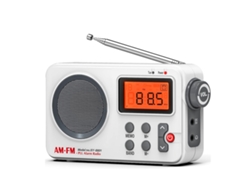 Radio AM/FM con pantalla LCD y conector para auriculares, ideal para uso en el hogar y el baño.
