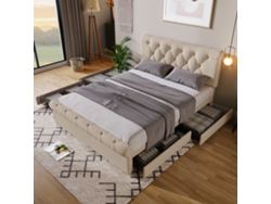 Cama De Matrimonio De 140x200 Cm, 4 Cajones, Cabecero Regulable, Estilo Chesterfield, Madera Natural.
