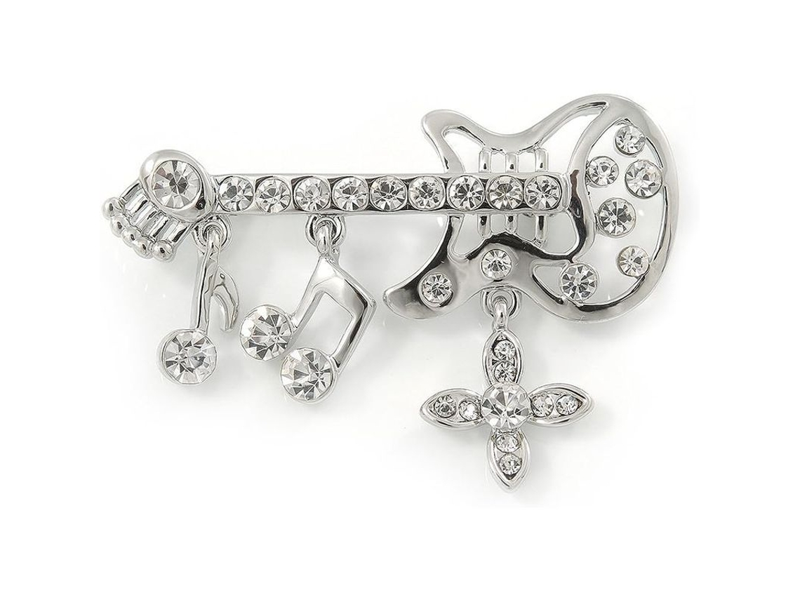 Broche De Guitarra Con Cristales Diamante Plateado Rodio Y Charmes Musicales 45mm