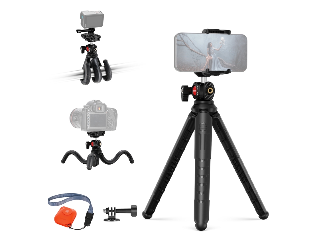 Mini trípode flexible para teléfonos móviles con palo selfie de Neewer, compatible con iPhone, GoPro, Insta360, Samsung y cámaras digitales.