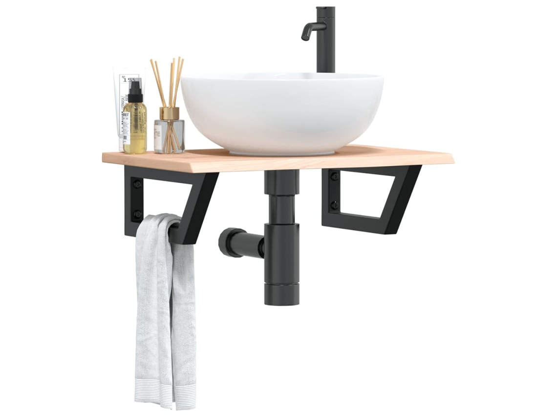 Estante De Lavabo De Pared | Estante Flotante De Acero Y Madera Maciza De Roble