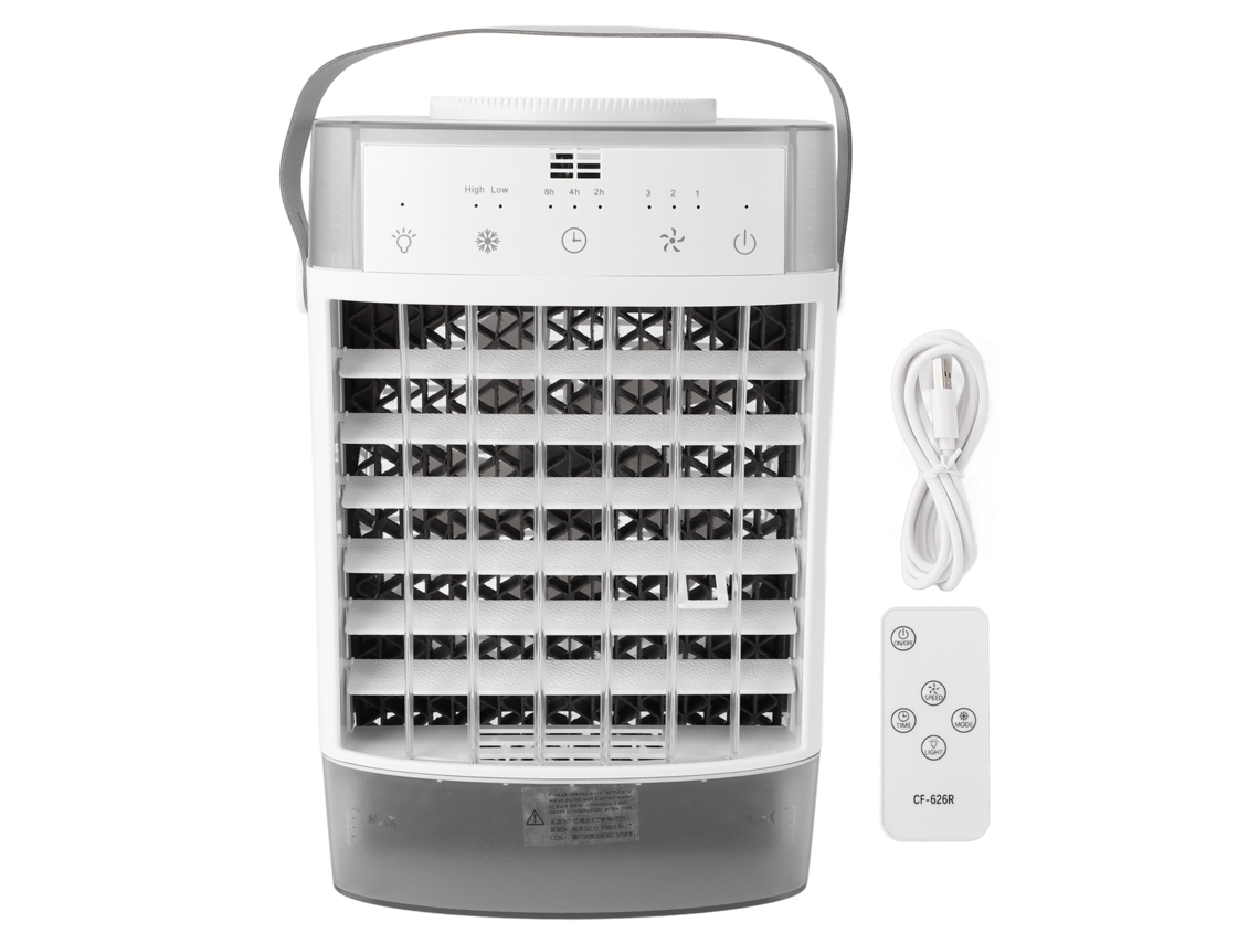 Ventilador de mesa con aire acondicionado y control remoto, color gris.