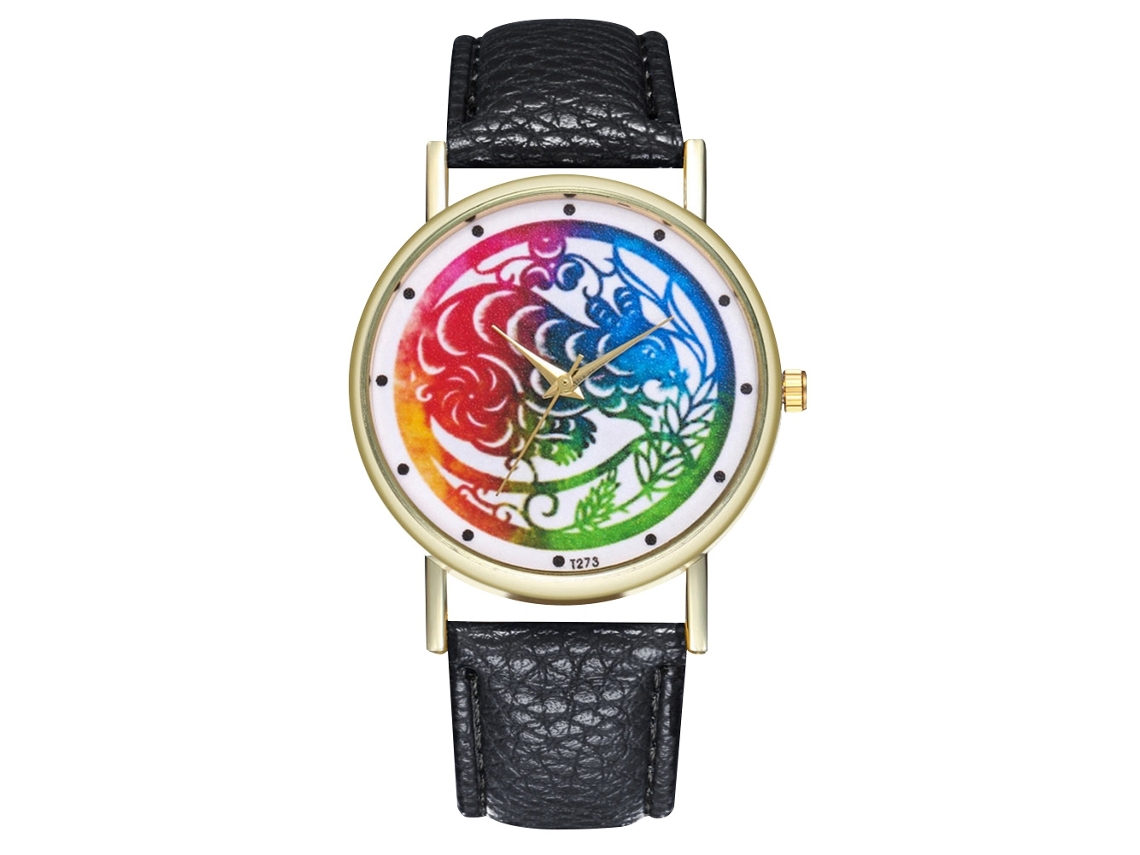 Reloj De Pulsera Unisex De Cuarzo Con Estampado Animal En Piel Sintética Negra.