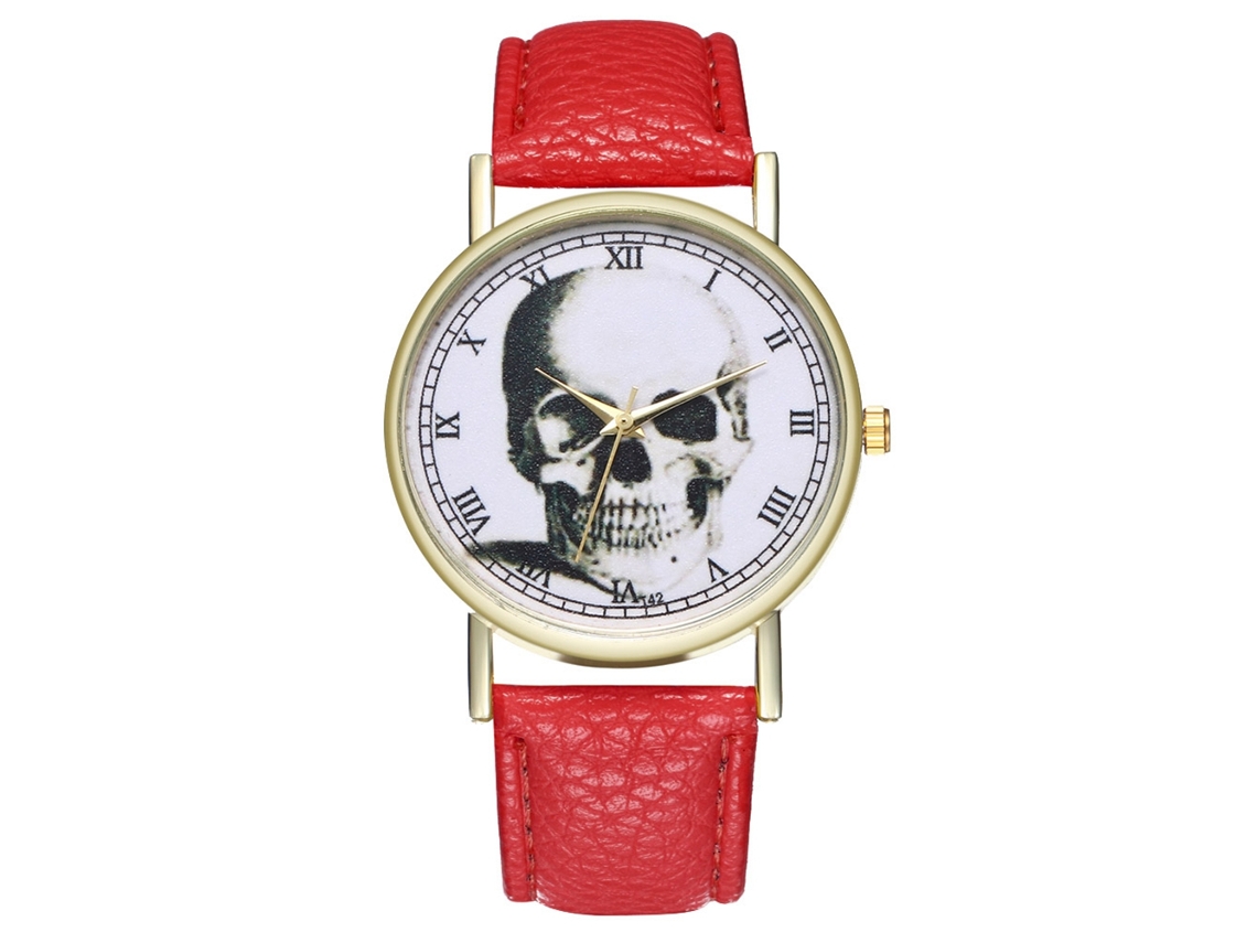 Reloj De Pulsera Informal Con Estampado De Calavera Y Correa De Cuero Sintético Rojo.