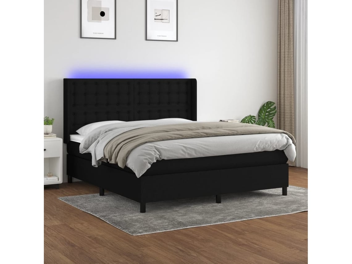 Cama Box Spring Colchón Y Luces Led Tela Negro 160x200 Cm