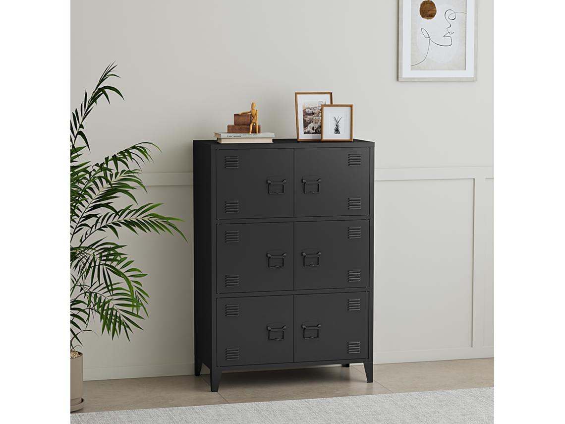 Armario de oficina Hamina con 3 compartimentos y 6 puertas acero 113 x 80 x 40 cm - Negro [en.casa]