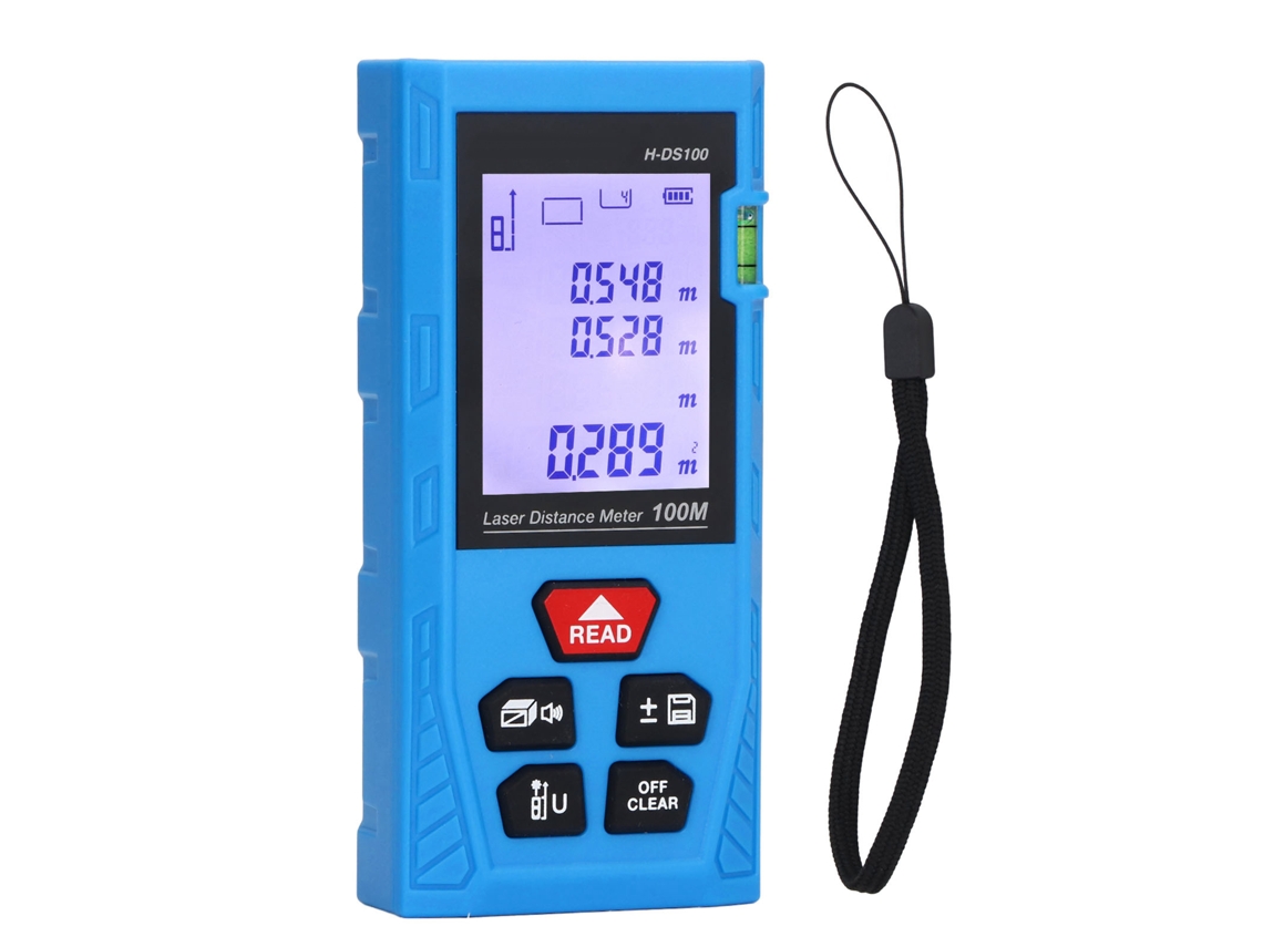 Medidor de distancia láser portátil de alta precisión con detector de luz roja y cordón.