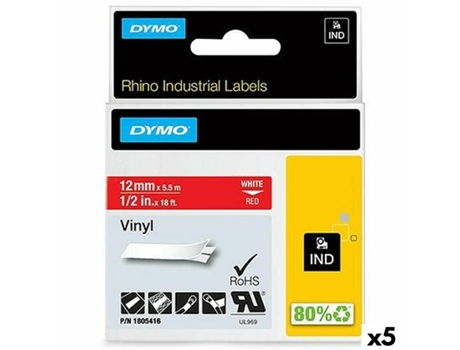 Cinta Laminada para Rotuladoras Rhino DYMO ID1-12 12 x 5,5 mm Rojo Blanco Vinilo Autoadhesivas (5 Unidades)